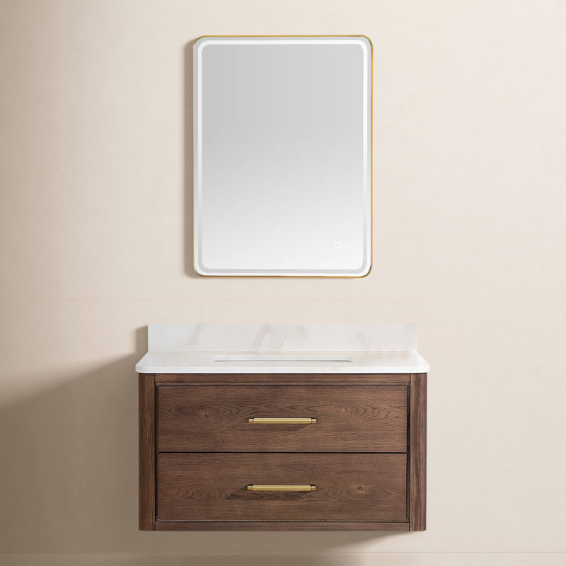 Cristo 36'' Wall Mounted Single Bathroom Vanity with Quartz Top, Dark Brown Oak