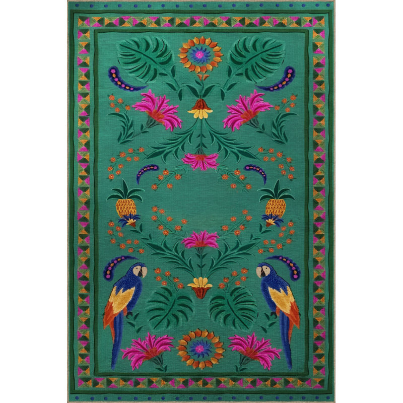Tapis décoratif moderne vert à motif d'oiseaux et de fleurs, Rectangle 4 pi 7,12 po x 6 pi 6,74 po