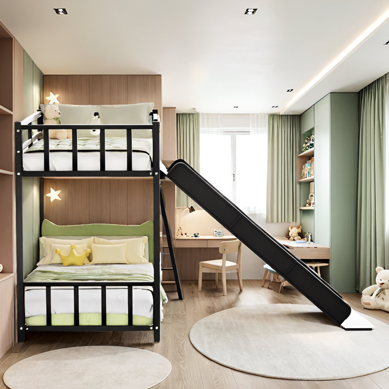 Lit superposé noir avec glissade, motif de structure en métal, conception peu encombrante pour les petites pièces, ensemble de couleurs de mission facile à assembler pour les barrières de sécurité, chambres à coucher, instructions simples