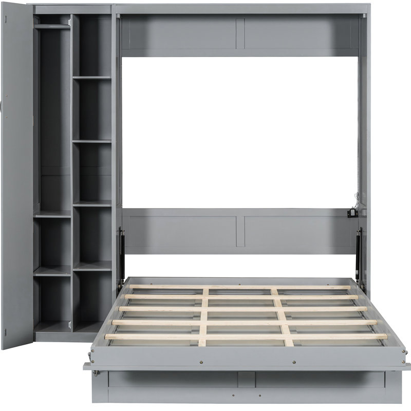 Bed With Led Lights, Shelves, Wardrobe - Gray For Space Optimization Wardrobe, Lights Home Gym Setup, Full, Gray