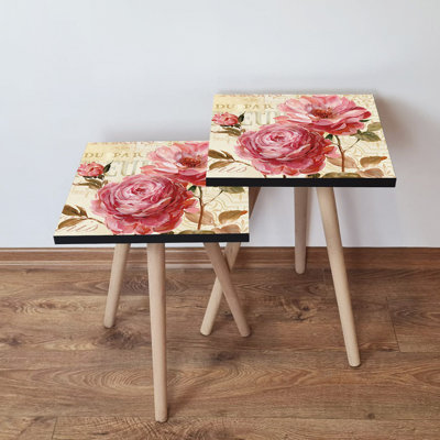 Elegant Nesting Tables (2 Pieces), Nostalgia Flower Design, Beech Wood Legs, 13.8 x 18.5 x 13.8 inches & 13.8 x 16.5 x 13.8 inches | 100% MDF, Thickness: 0.7 inches | Perfect for Living Room, Stylish & Functional