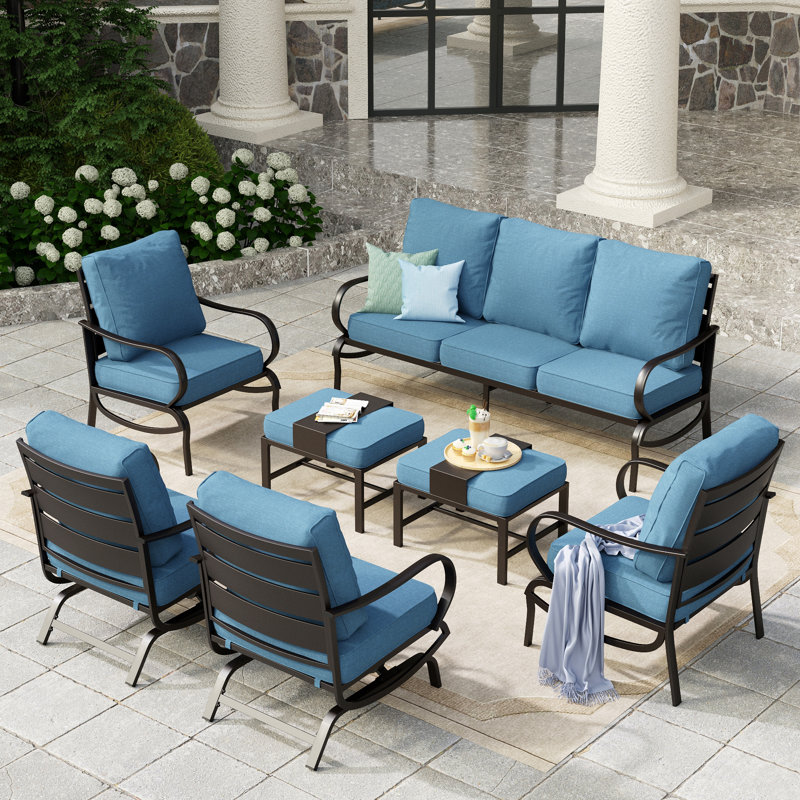 Tapasi 9 - Person Patio Conversation Set with Rocking Lounge Chairs & Optional Firepit Table, Denim Blue, No