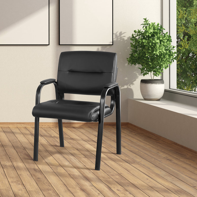 Black Faux Leather and Metal Guest Chair with Padded Armrests