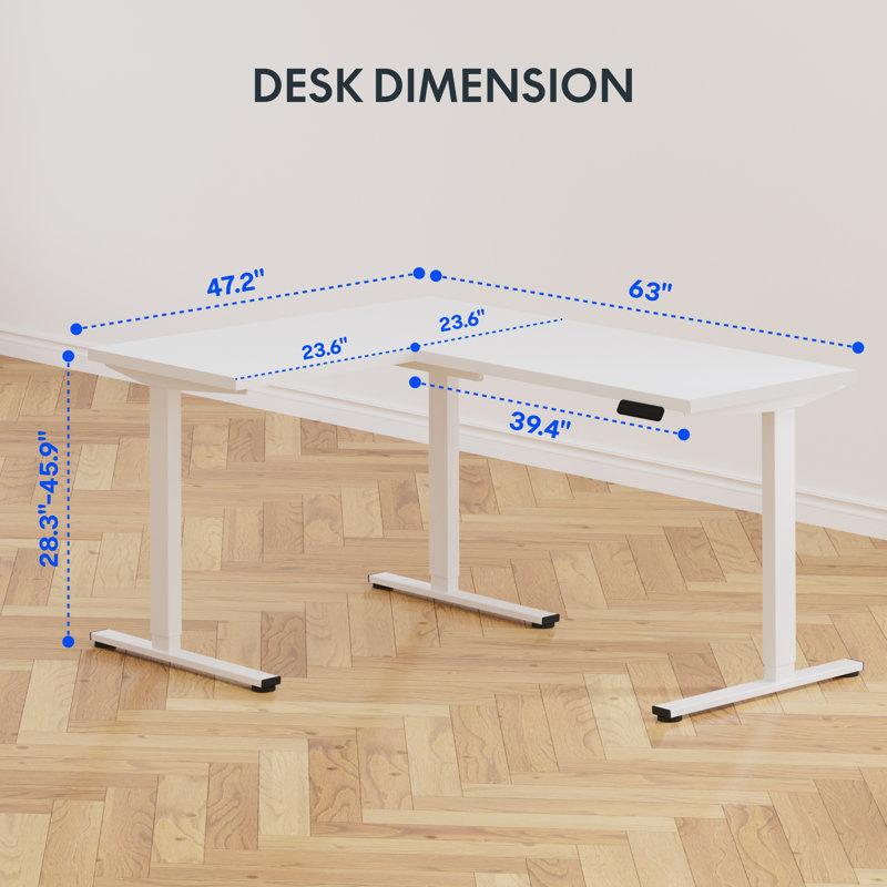 Bureau pour travailler debout en L 63 po, Blanc / blanc, H 45,9 po x l 63 po x P 47,2 po