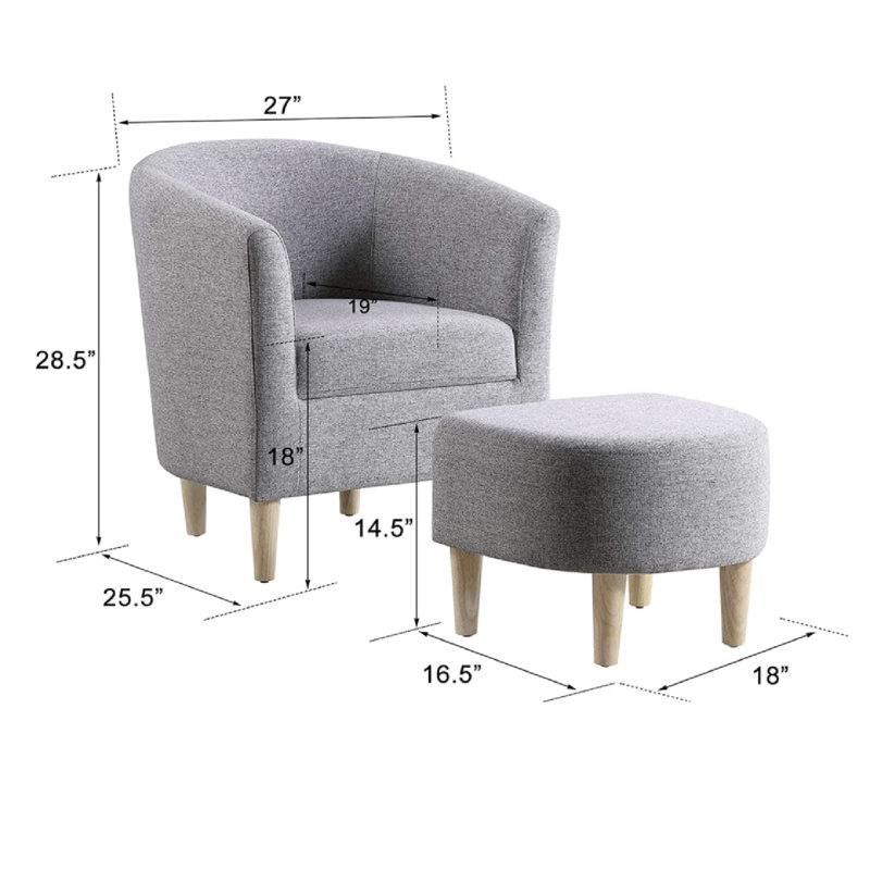 Upholstered 27" Wide Barrel Chair with Ottoman, Gray Linen Blend