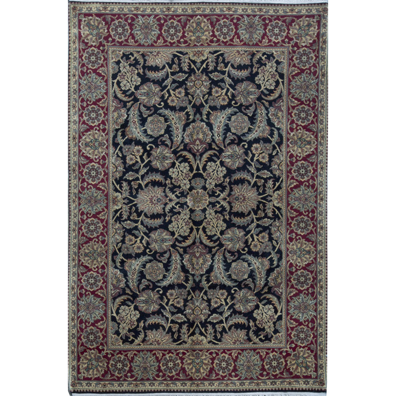 Tapis noir et rouge de haute qualité noué à la main Trinity, Rectangle 6 pi 1 po x 9 pi