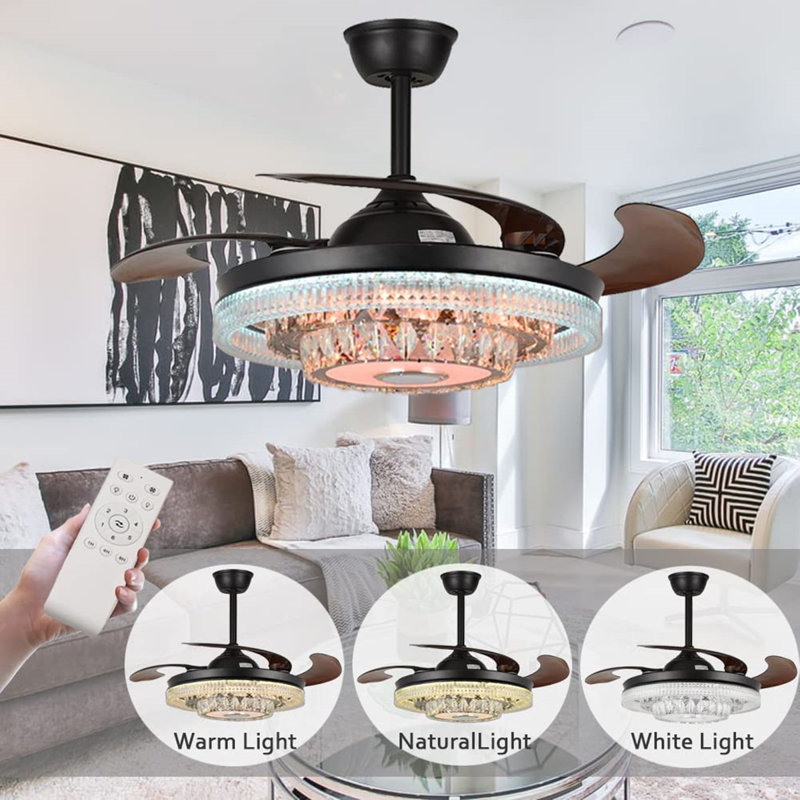 Ventilateur à DEL en cristal à 4 pales 42 pouces avec télécommande Bluetooth incluse Dayrin