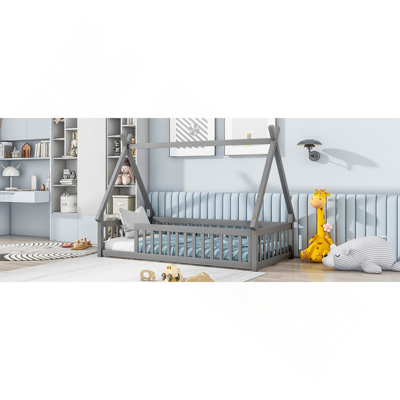 Twin Tent-Shaped Floor Bed, Teepee Bed With Guardrails, Slats,Grey