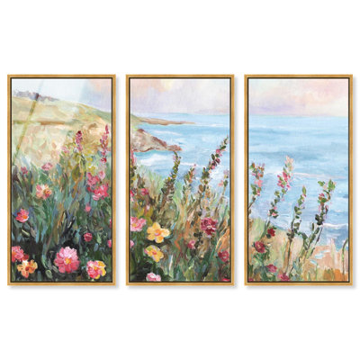 Quand les fleurs rencontrent le ciel - Ira Colmeva Dawlish, grand ensemble de 3 impressions sur acrylique encadrées par Art Remedy, cadre doré, 20 x 40