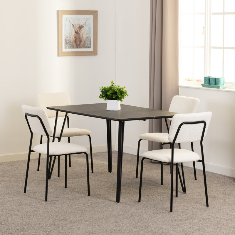 4 -Person Dining Set, White, Ivory Boucle