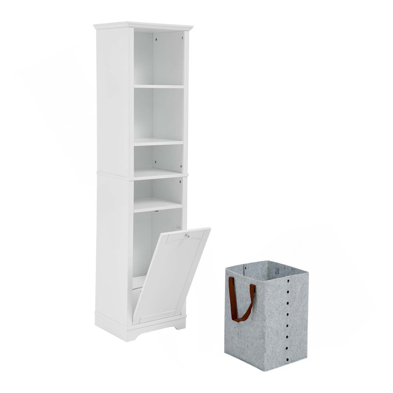 64" Tall Bathroom Floor Standing Storage Cabine With 4 Adjustable Shelves & Laundry Hamper Storage, White