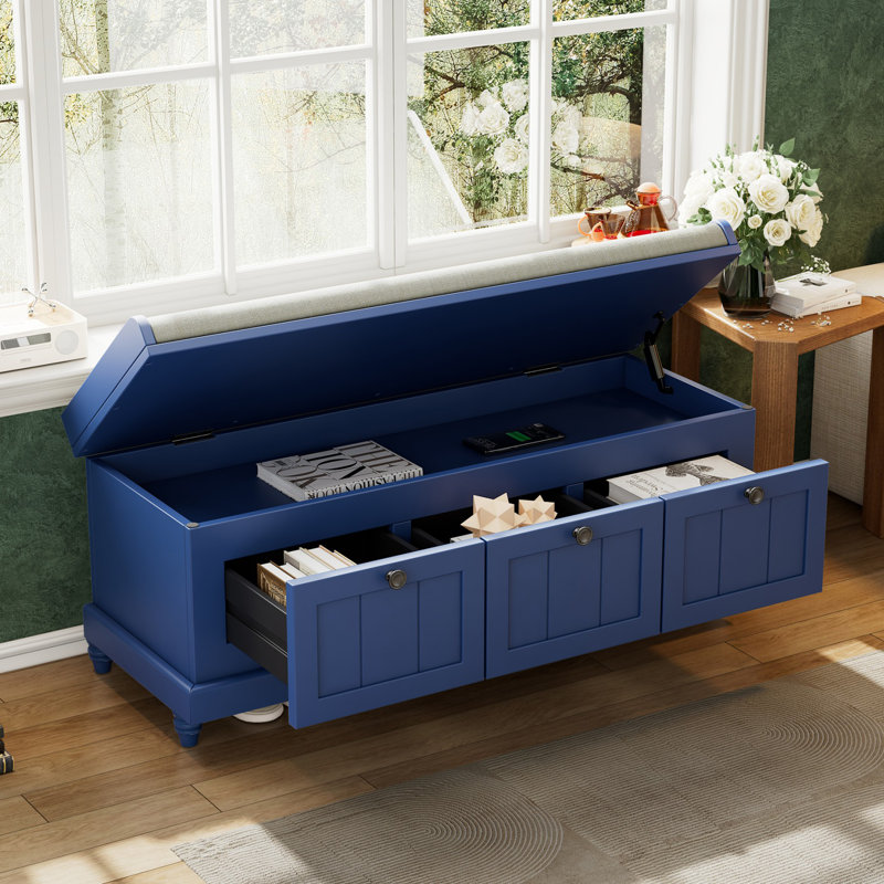 Entryway stool with storage cabinet with cushion and three drawers, Navy Blue