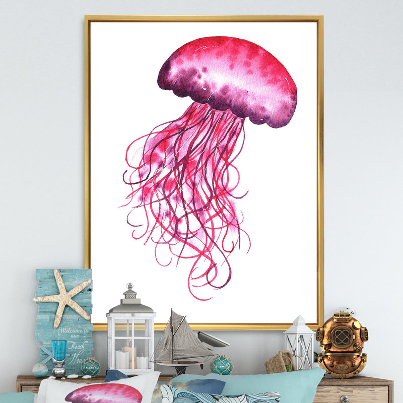 Adorable méduse rose méduse - Décoration murale nautique et côtière en toile, L 30 po x H 40 po x P 1,5 po