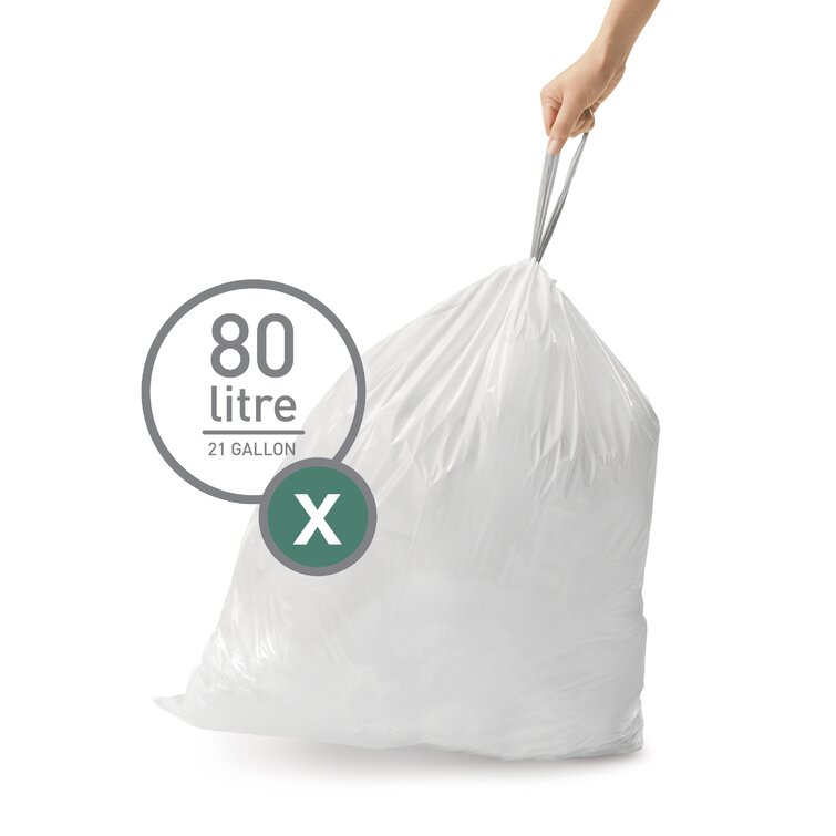 Simplehuman Code X Custom Fit Drawstring Trash Bags, 80 Liter / 21.1  Gallon, White, 60 Liners