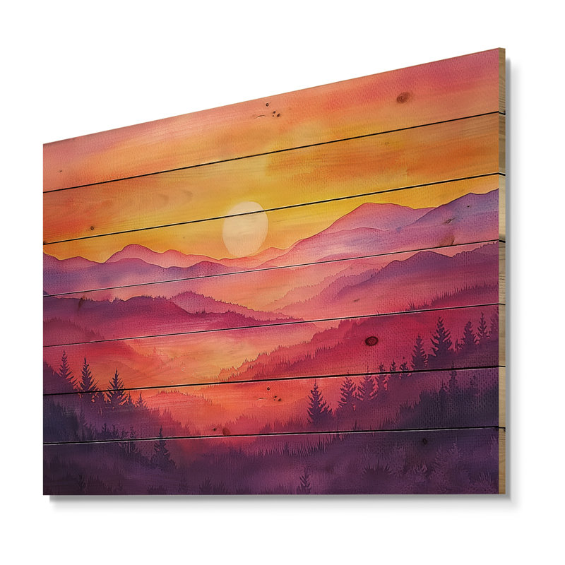 Coucher de soleil sur fond de pin, H 30 po x l 40 po