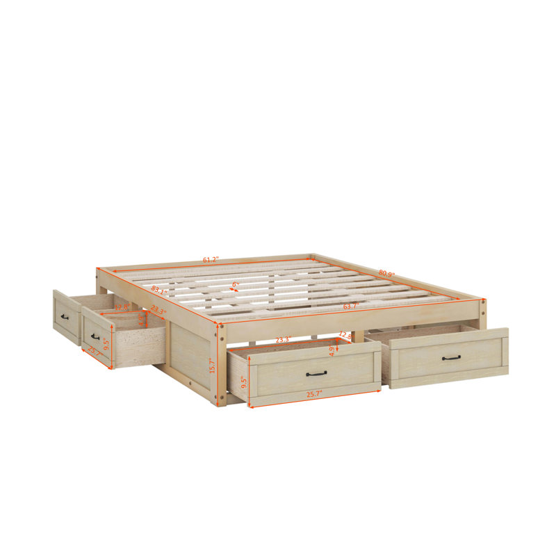 Grand lit plateforme avec tiroirs, Naturel antique