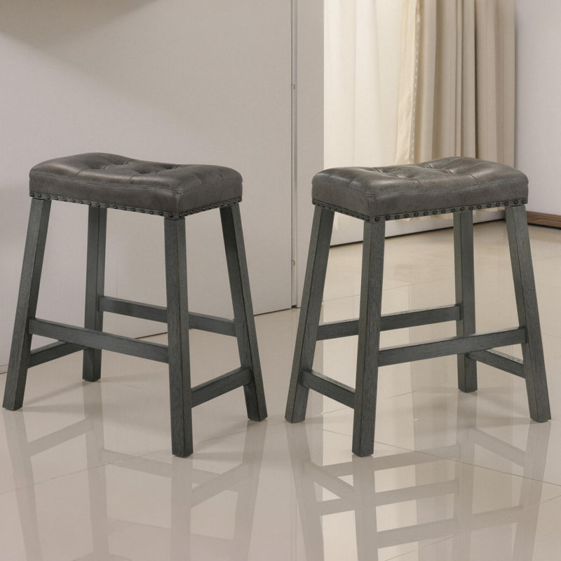 Set of 2 Rustic Counter Stools, 25-Inch Backless Wooden Farmhouse Barstools with Faux Leather Seat, Distressed Finish, Space-Saving Design