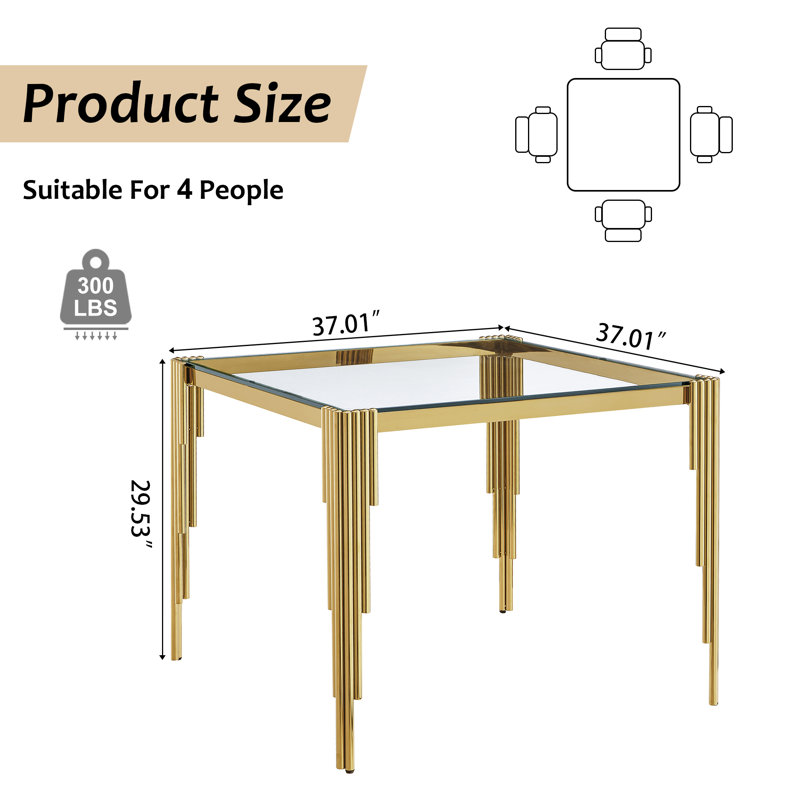 37”Modern Square Glass Dining Table With Stainless Steel Legs For Home Office, Kitchen, Living Room, Clear, Gold