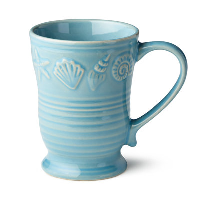 Ensemble de 4 tasses en grès côtier et en étoile de mer avec glaçage bleu de mer lustré, verres à boisson de style bord de mer durable pour le café, le thé, le cacao et la vie côtière décontractée.