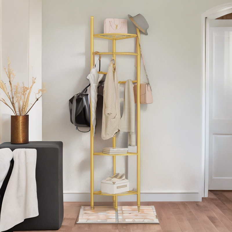 Ajane Gold Metal Hall Tree 44.5cm Wide with Bench and Shoe Storage Clothes Rack Garment Rail