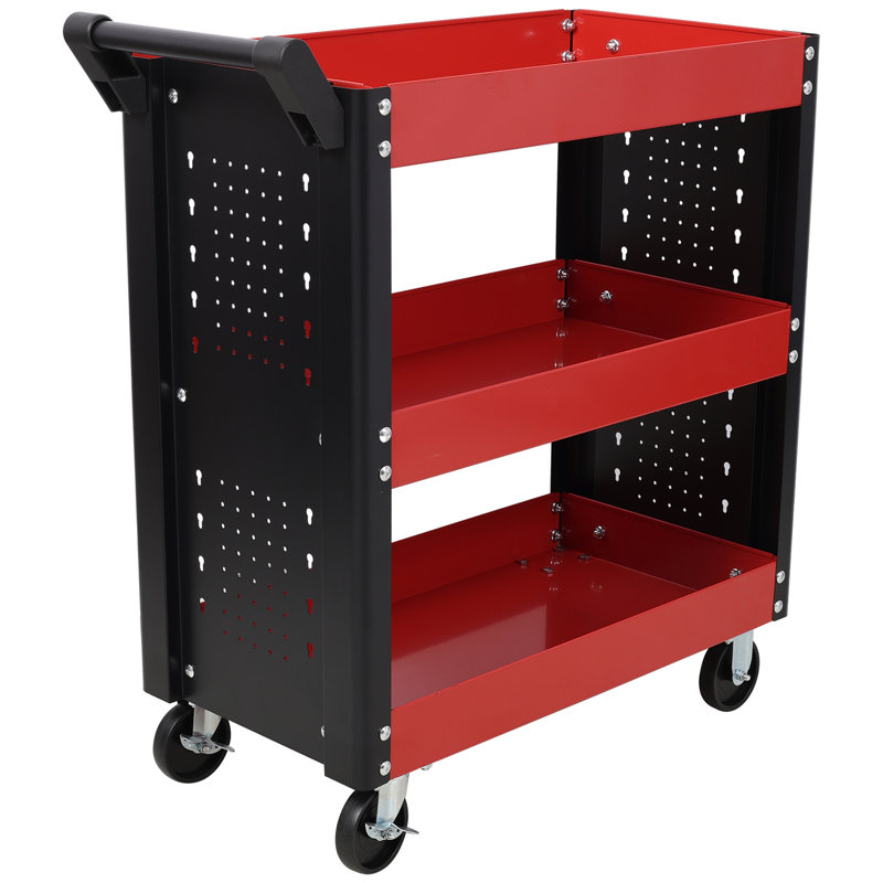 Chariot à outils sur roulettes à 3 niveaux sur roulettes, chariot à outils robuste avec panneau perforé pour atelier de réparation, garage, entrepôt, rouge