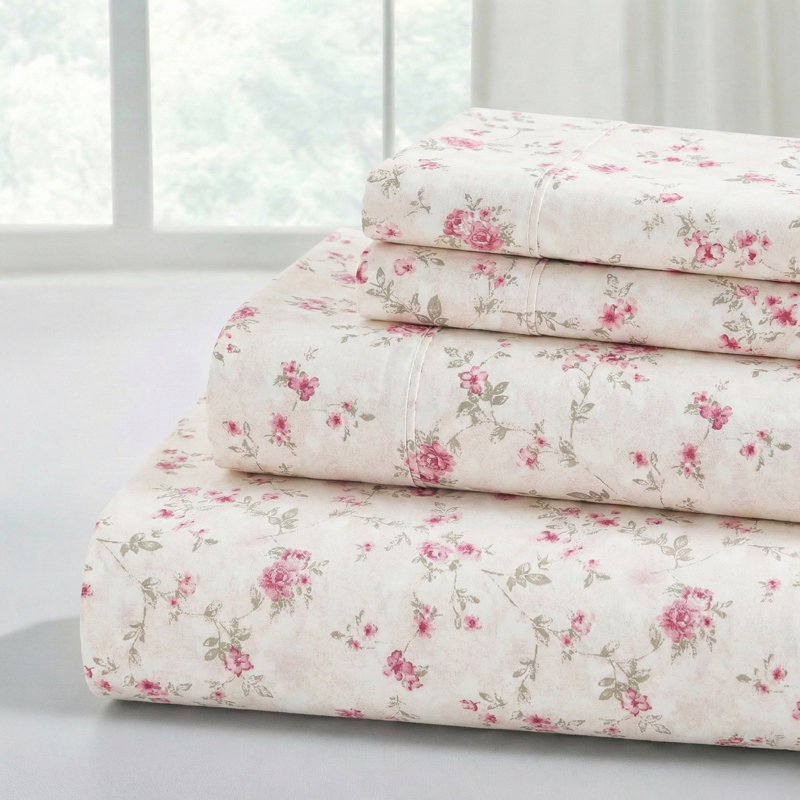 Ensemble de draps en microfibre 4 pièces Modern, Ensemble de draps pour grand lit avec 2 taies d'or, 32 - rose floral