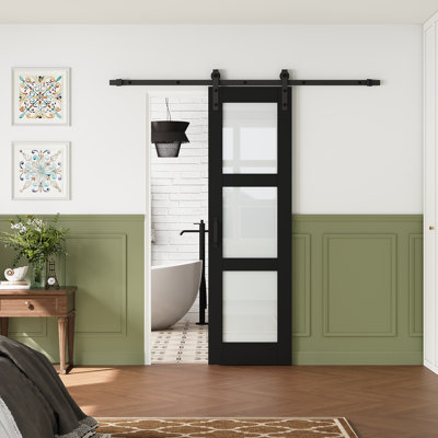 Pre-assembled Panel, 3-lite Frosted Glass Sliding Barn Door Black Finish Solid Manufactured Wood Closet Door with Installation Hardware Kit(Included Soft Close)