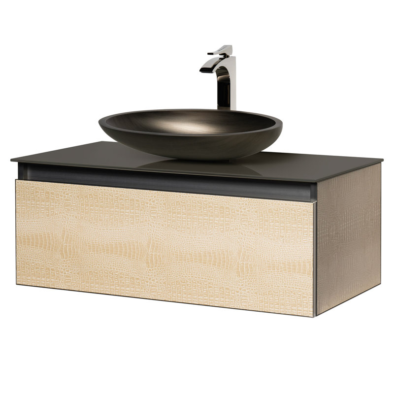 23.6 Single Bathroom Vanity with Top, Light Crocodile, 35", Black Tempered Glass