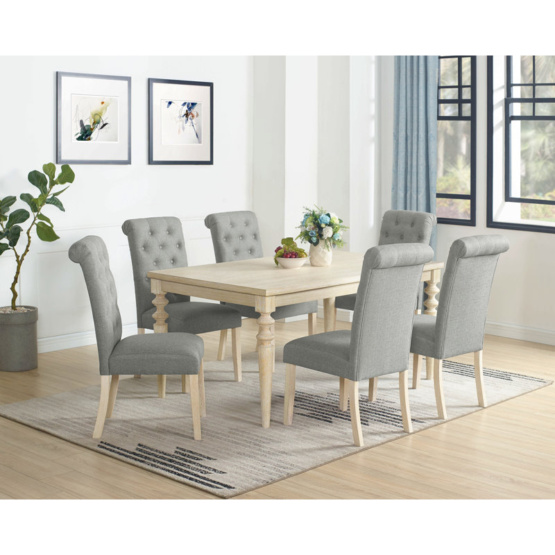 Ensemble de salle à manger 7 pièces à pieds tournés avec 6 chaises capitonnées, Gris clair