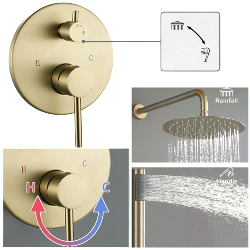 Système de robinet de douche 12 po à pression équilibrée avec douchette 12 po, Or brossé