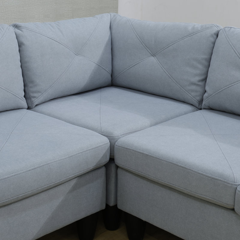 Caelean Upholstered L-Shaped Sectional Reversible, Light Gray Linen Blend, Black
