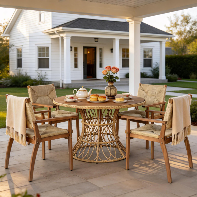 Ensemble repas 5 pièces avec table et 4 fauteuils en osier, Teck / naturel