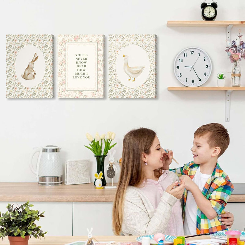 3Pcs Vintage Nursery Canvas Wall Art Silly Goose And Bunny Wall Decor Baby Kids Poster Prints Cute Animal Rabbit Goose Pictures Sweet Floral Painting For Room Bedroom Playroom