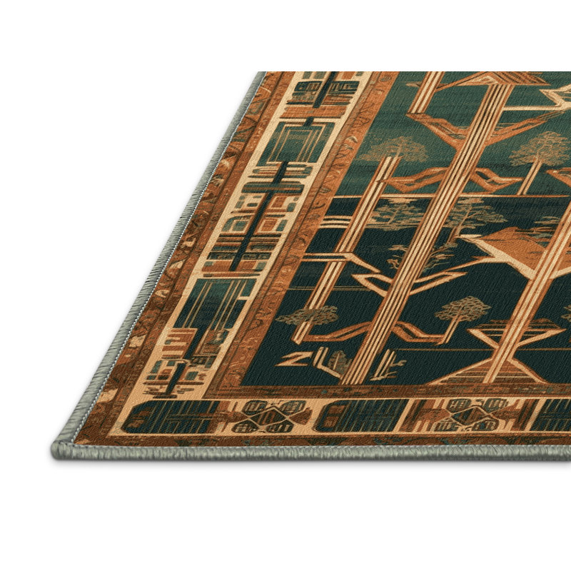 Machine Washable Art Deco Green Area Rug, Round 3'