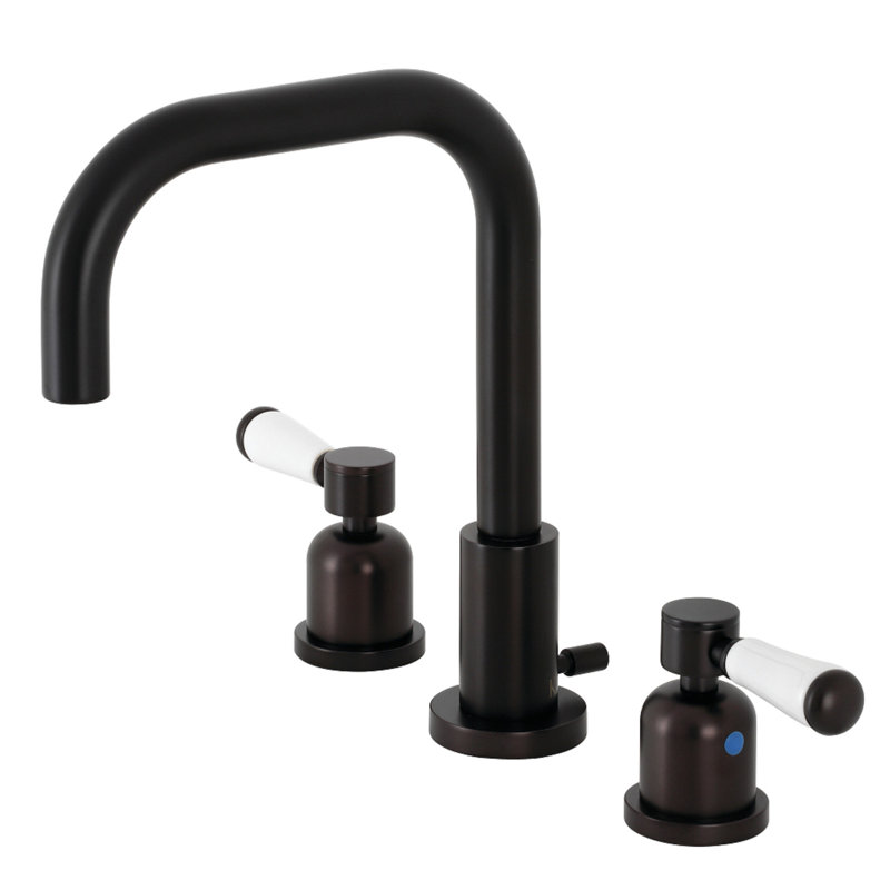 Kingston Brass Two-Handle 3-Hole Deck Mount Widespread Bathroom Faucet with Brass Pop-Up Drain, Round Lever Handle