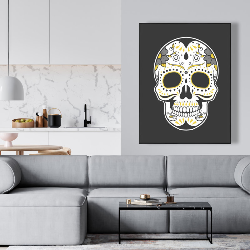 Tête de mort mexicain, art encadré de toile grise
