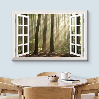 Window Scenery " Modern White Window Looking Out Into A Foggy Forest With Rays Peeking Through "