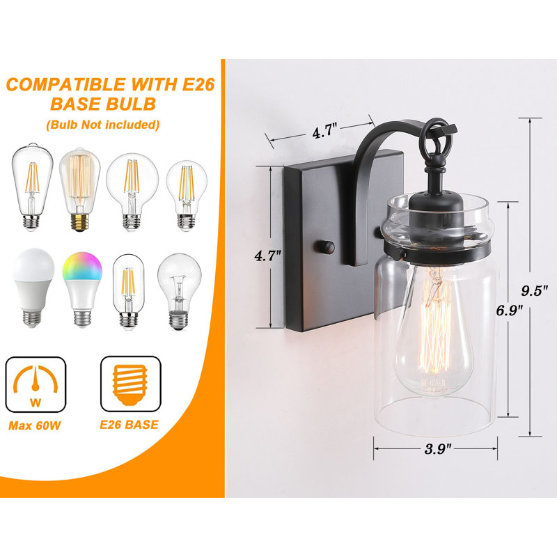 Black Wall Sconces Lighting Fixtures with Clear Glass Indoor 1-Light Bathroom Wall Sconce for Bathroom Hallway Stairwell