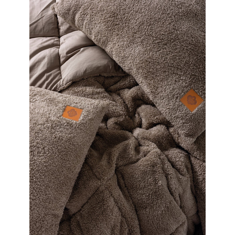 Ensemble d'édredon en molleton Everly Teddy, Beige, Courtepointe double + 2 coussins