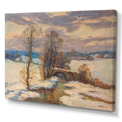 Paysage rétro de rivière d'hiver - peinture sur toile