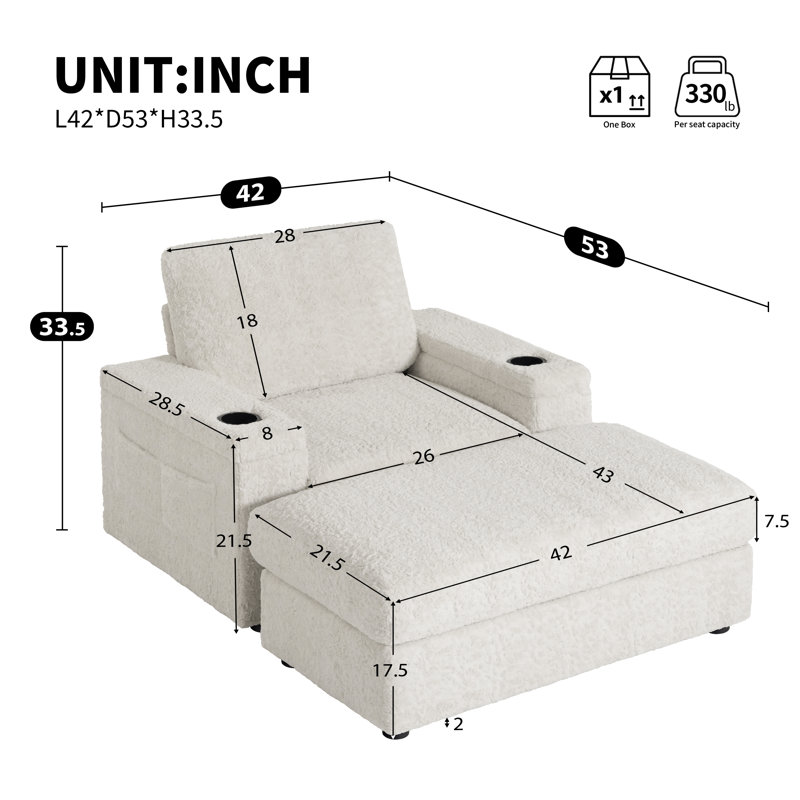 Méridienne simple surdimensionnée en fausse fourrure de lapin 42 po - Porte-gobelets, repose-pieds avec rangement, fauteuil-lit à siège profond