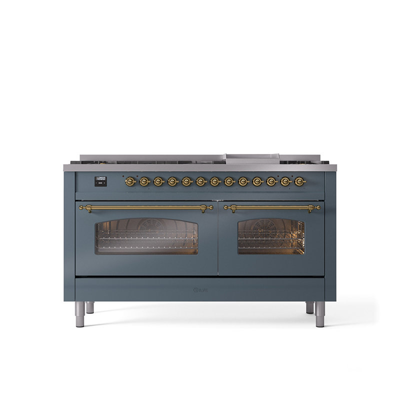 ILVE Nostalgie II 60 Dual Fuel Range, 9 Burners, Griddle, Glossy Black/Bronze, Natural Gas