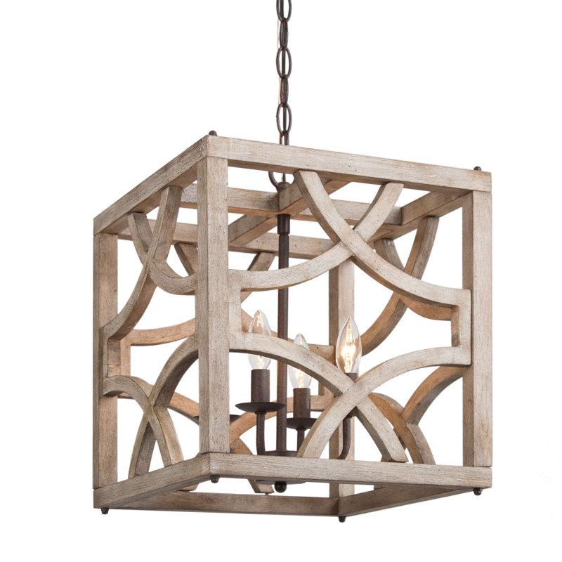 Lustre carré à 4 lumières de style bougie avec détails en bois Marcus