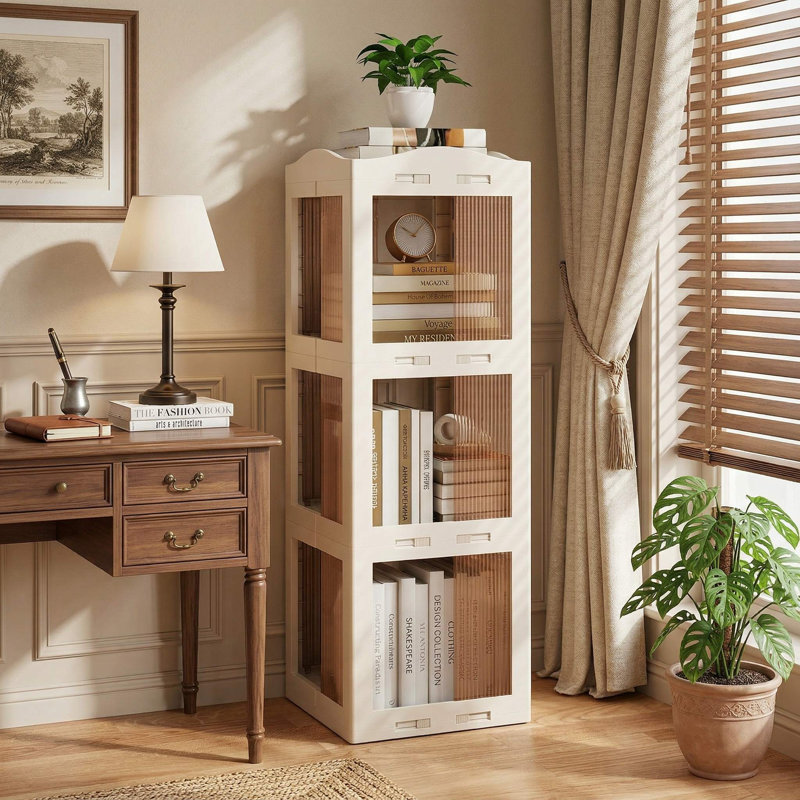 Bibliothèque de rangement rotative pliable à 3 niveaux à 360 degrés, base pivotante anti-rayures stable et panneaux translucides anti-poussière, bureau compact et peu encombrant, chambre à coucher