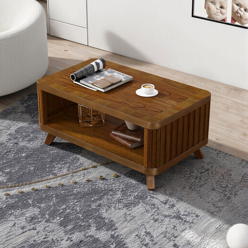 41.5" Rectangular Coffee Table with Solid Wood Legs & Open Shelf, Light Brown