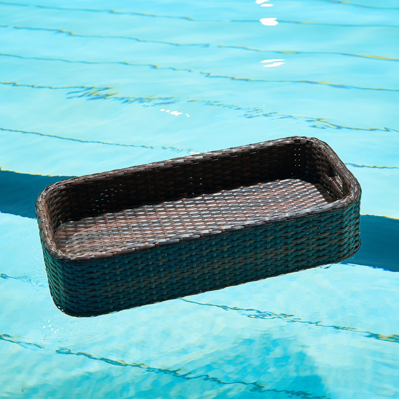 Rectangular Floating Serving Tray, Wicker Pool Floating Tray with Cup Holders, 13 LBS Capacity Floating Drink Holder for Sandbars, Spas, Bath, Pool Parties, Brown