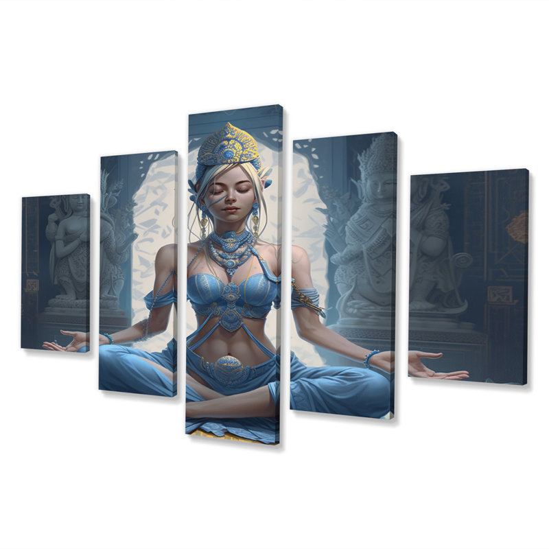 Spiritual Serenity Blue Goddess Meditation III - Art mural sur toile de yoga - 5 panneaux