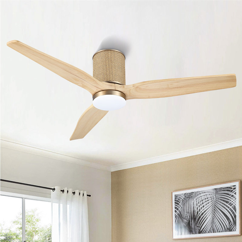 52 In. 3 Solid Wood Blades Flush Mount Ceiling Fan With Led Light, Tan, Natural Wood