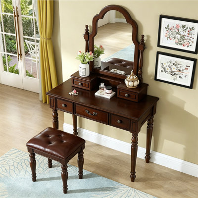 39.37"American-style solid wood brown dressing table with mirror
