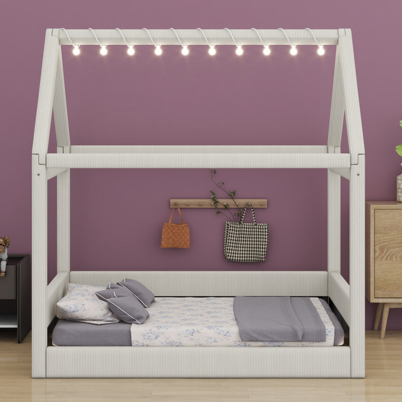 Upholstered House Daybed With LED Light Strips, Beige